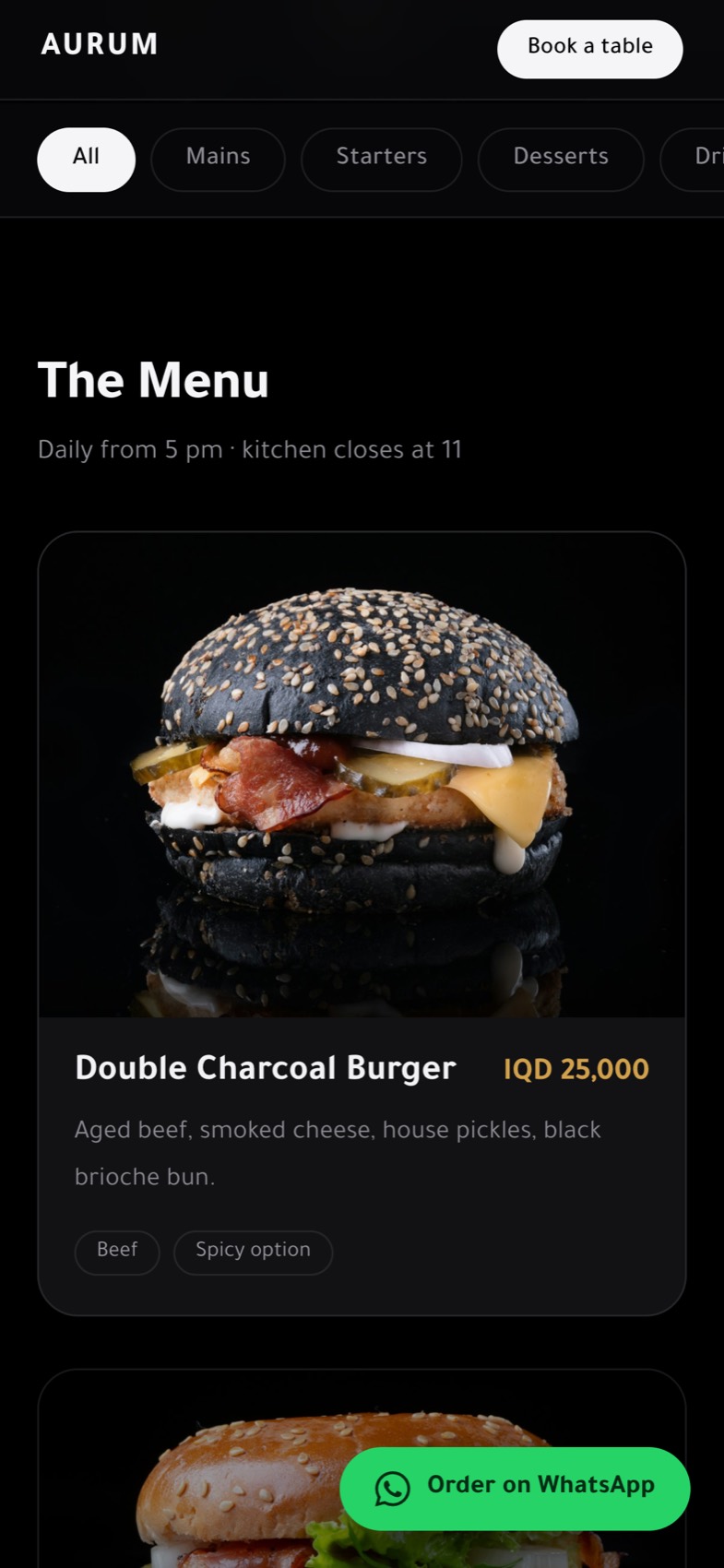 Bee Online Menu — The same menu in English