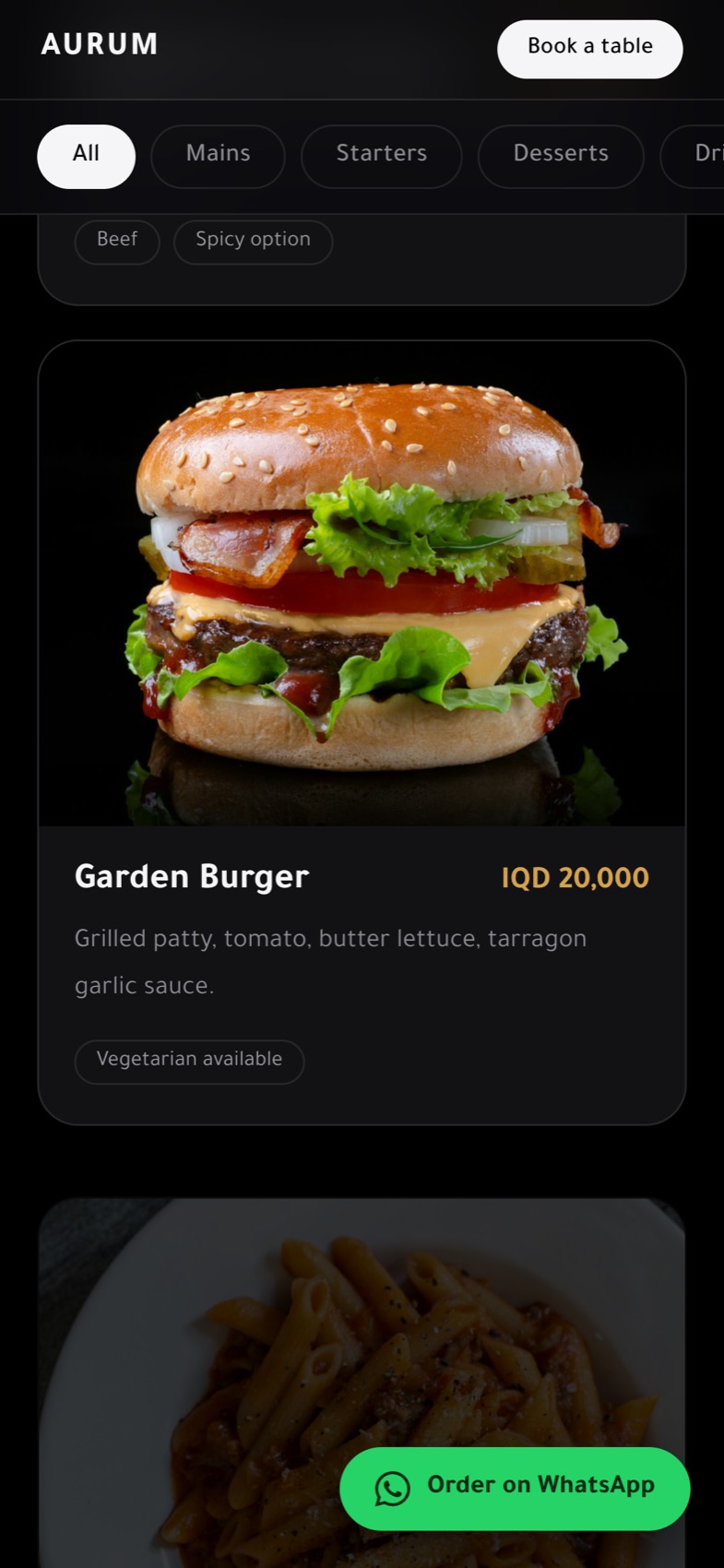 Bee Online Menu — English item cards